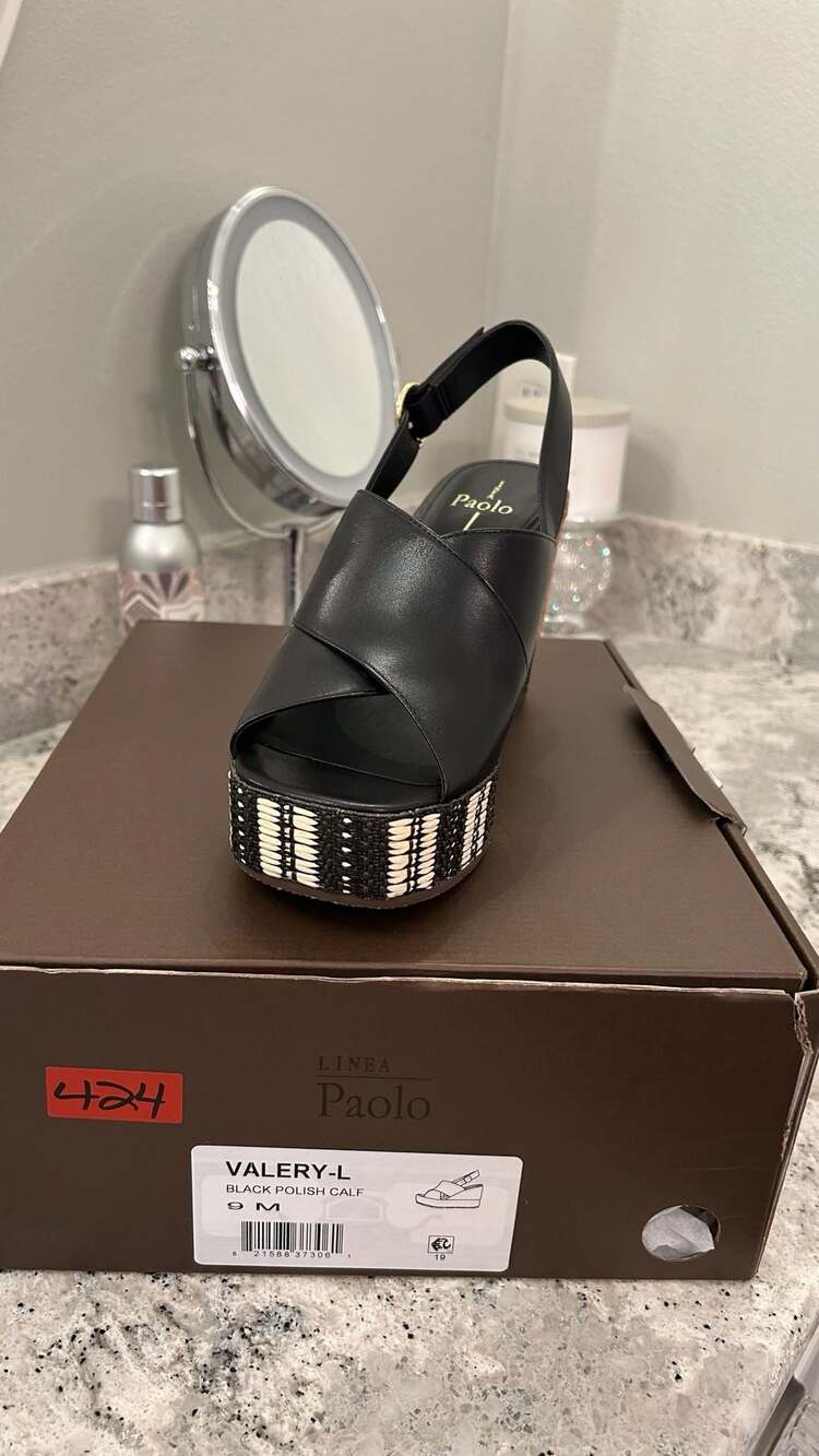 Linea Paolo Valery-L Wedges Size 9 M Black Polish Calf Platform Sandals